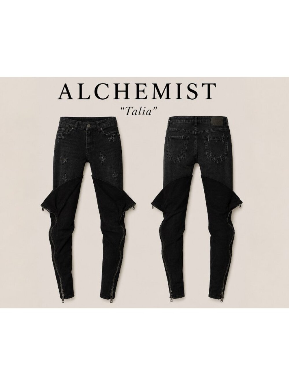 Alchemist Talia Jeans 25 Black Distressed Leather Overlay Zip Skinny Made  Italy